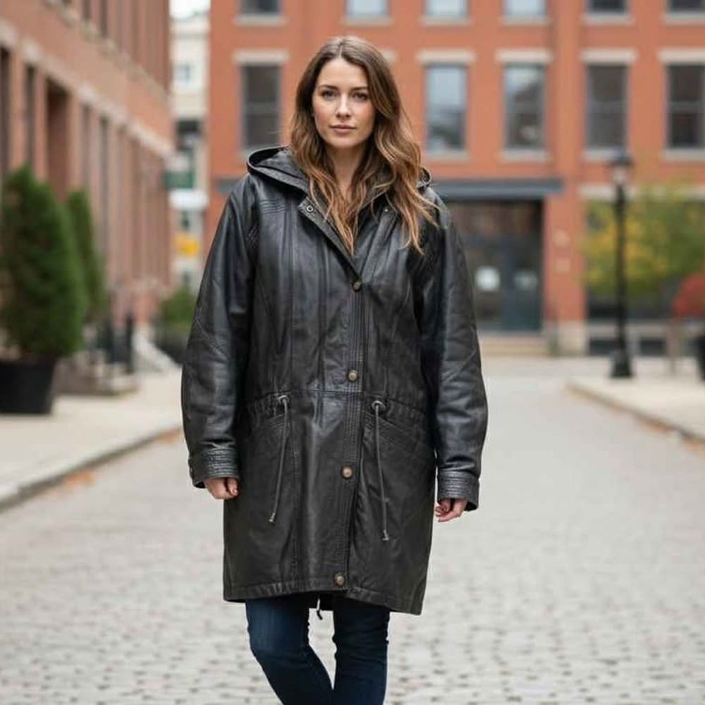 D.A.N.Y. Vintage Black Leather Hooded Parka Jacket Oklahoma Seal Buttons L